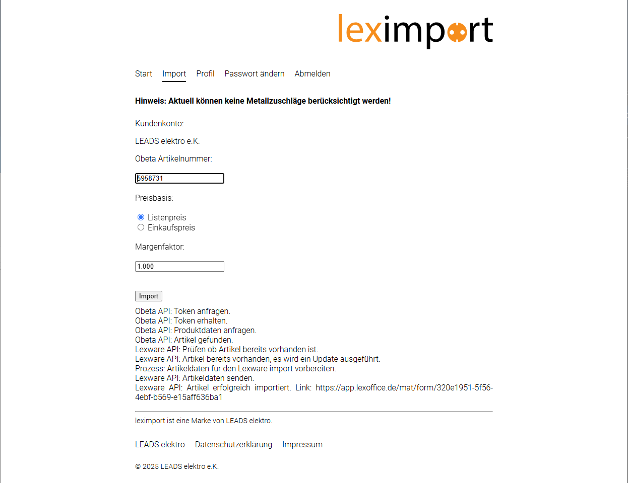 Bildschirmfoto der leximport Importseite