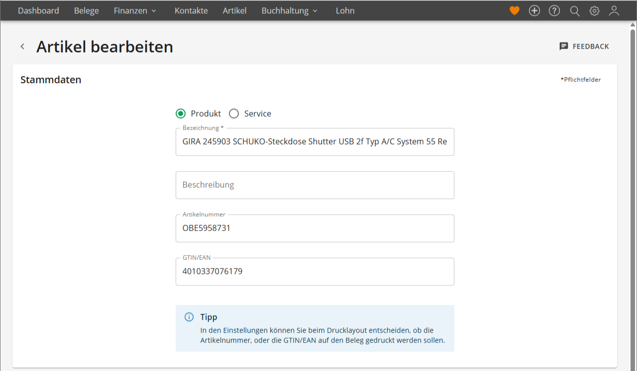 Bildschirmfoto der Lexware Artikelseite