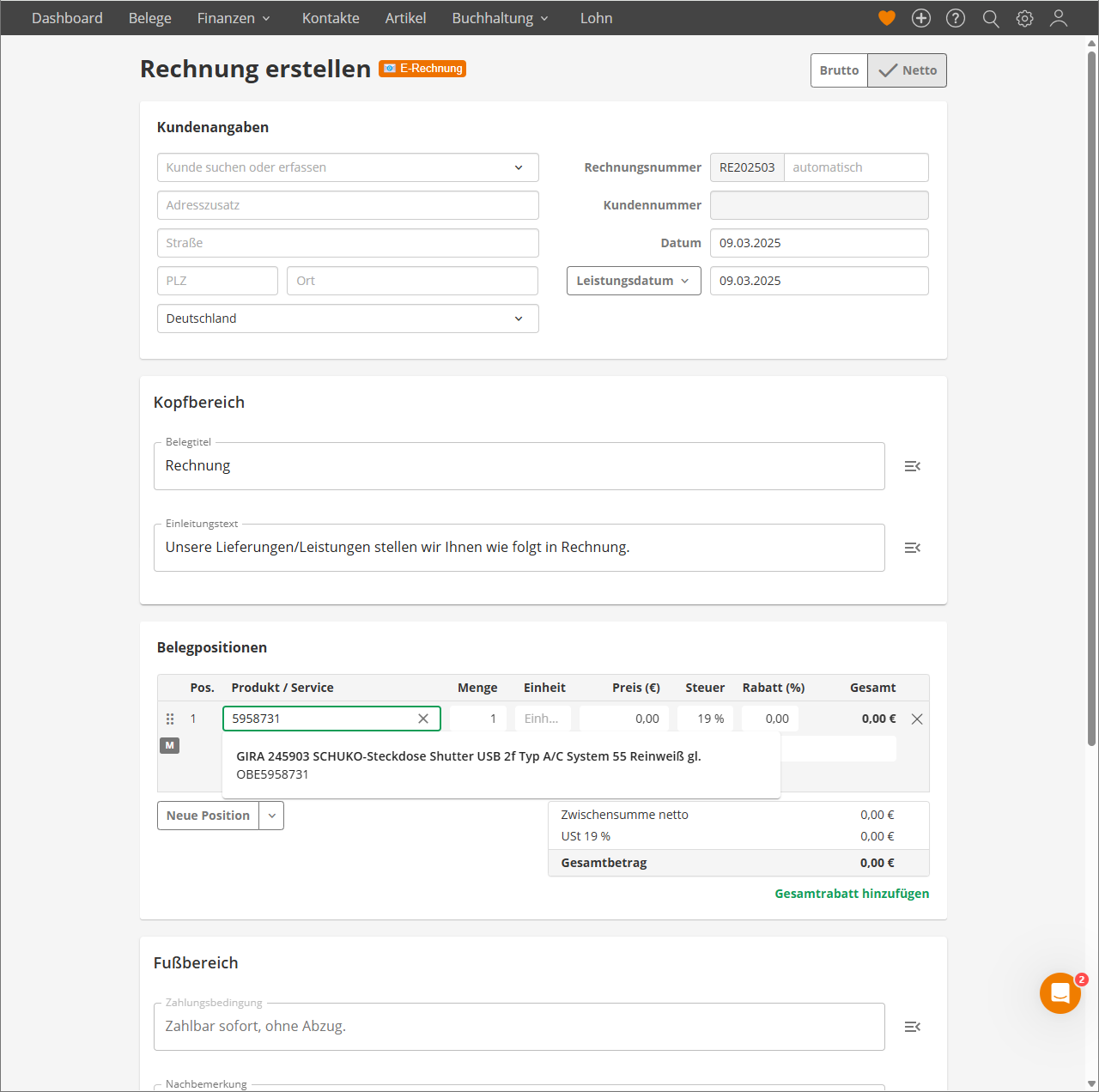 Bildschirmfoto der Lexware Rechnungsseite mit Artikelsuche