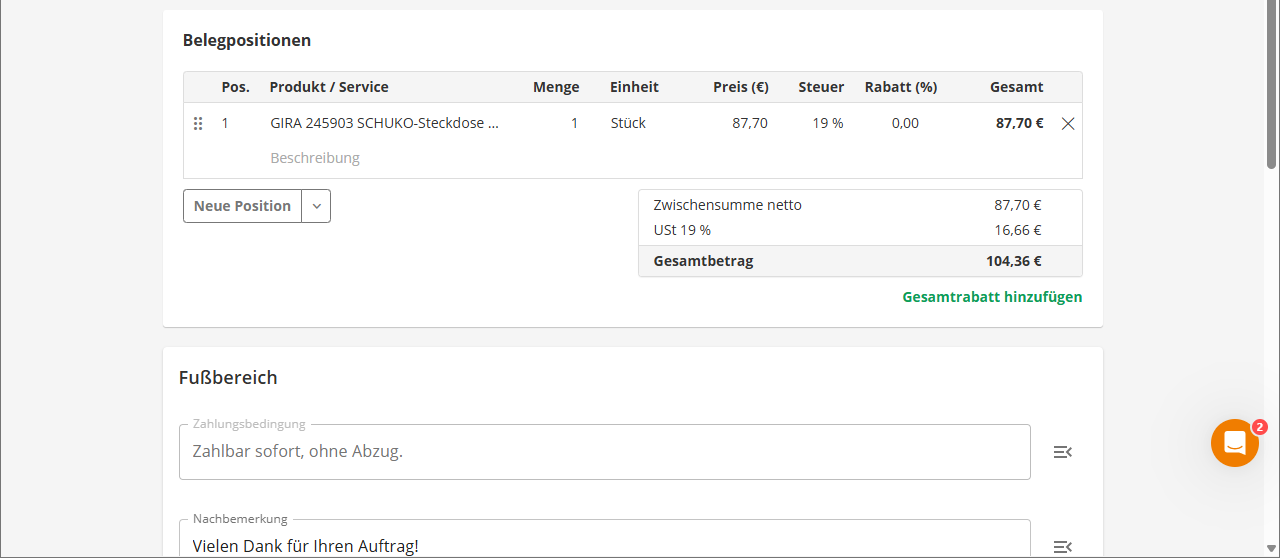 Bildschirmfoto der Lexware Rechnungsseite Artikelposition