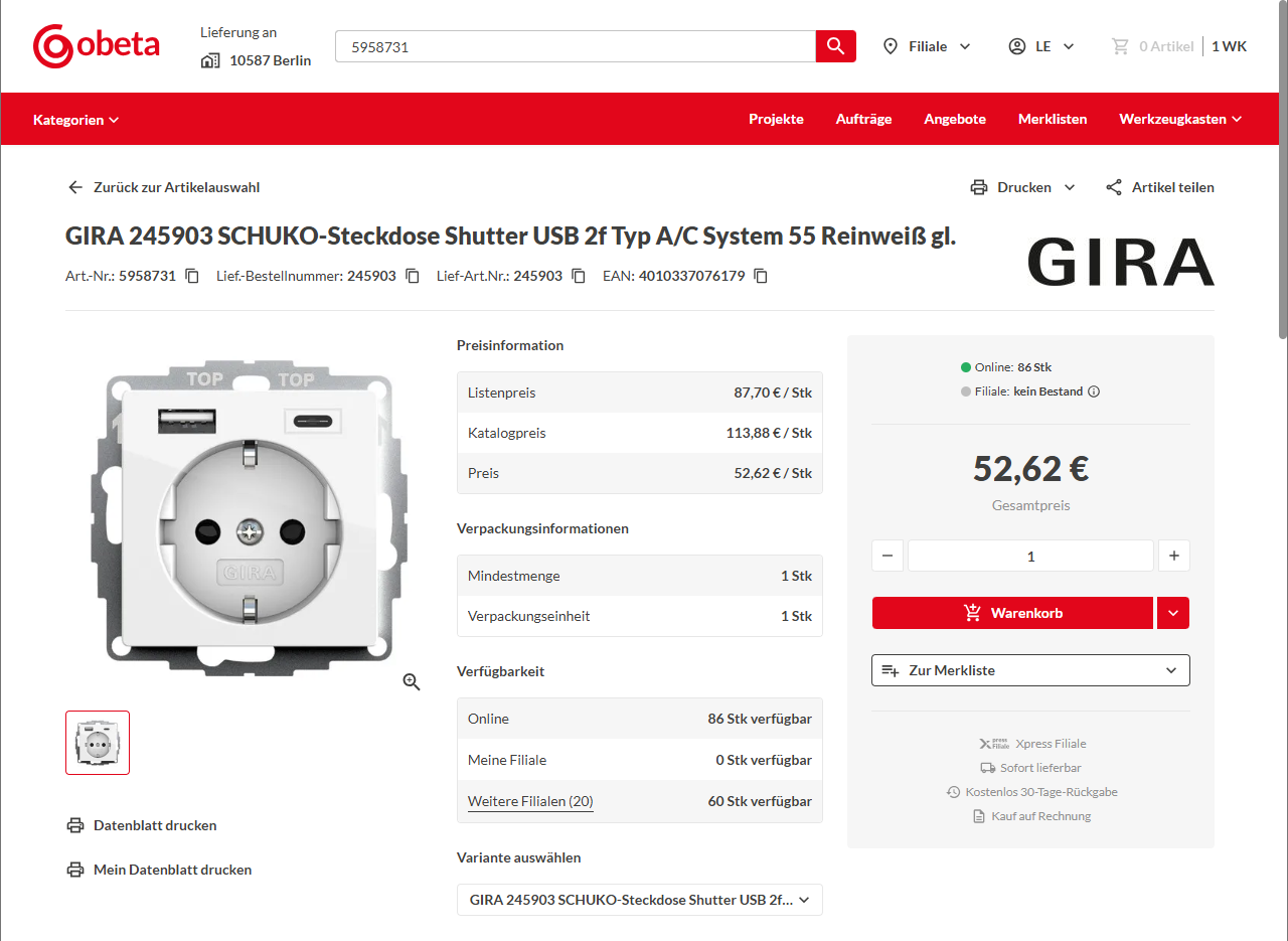 Bildschirmfoto der Obeta Artikelseite